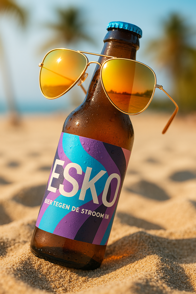 beeld van een flesje ESKO met een zonnebril op