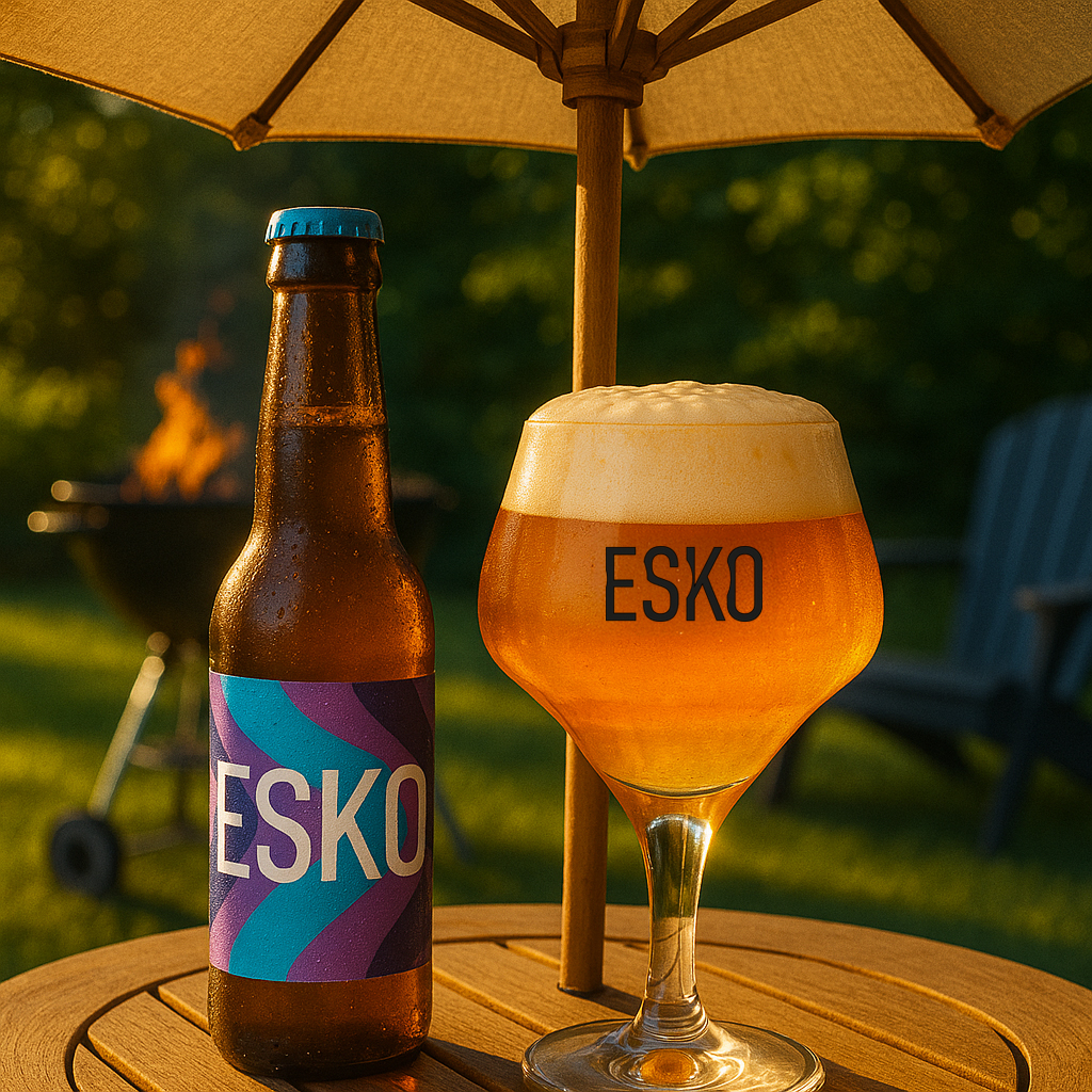 glas esko bier op een tafel in de tuin