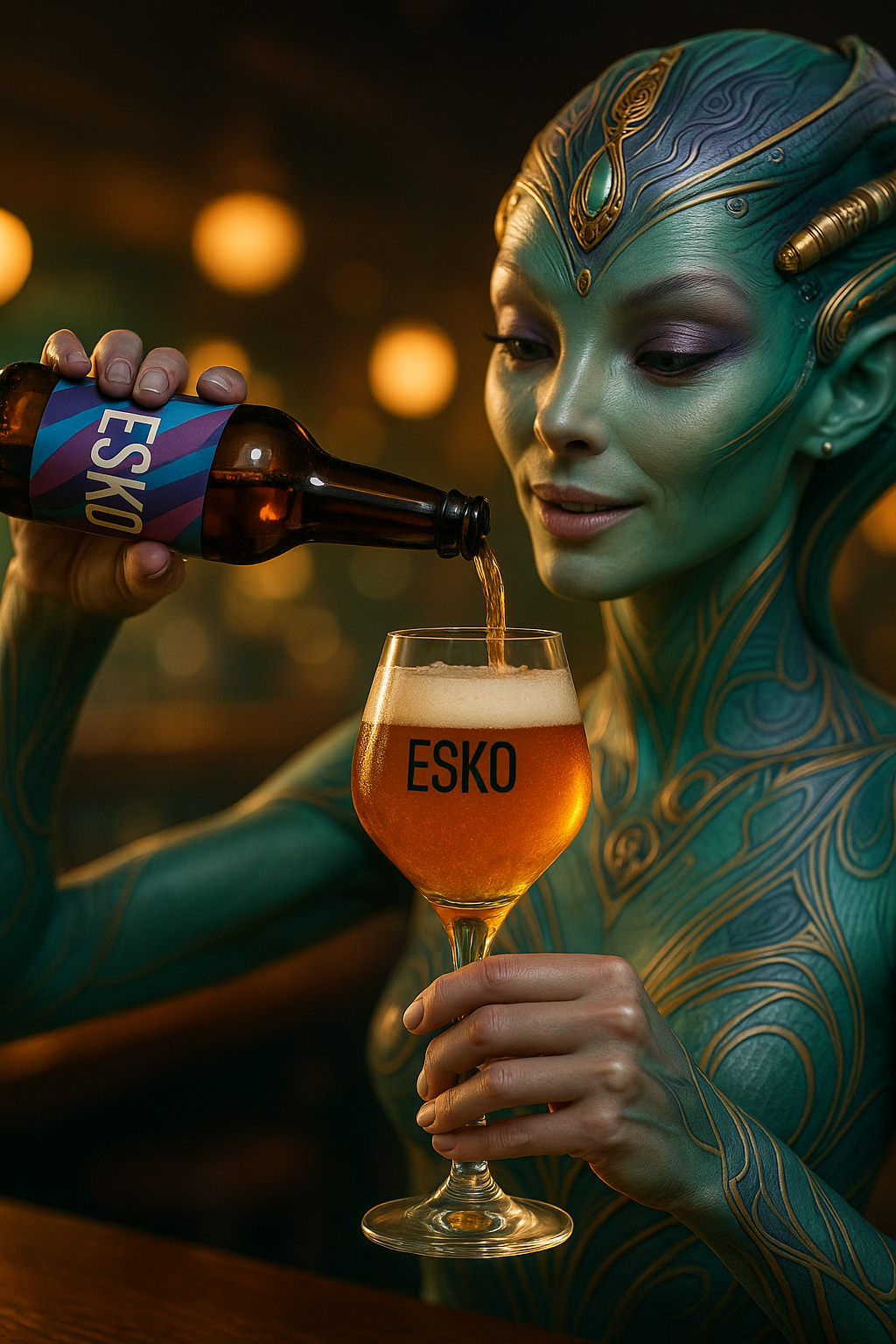een vrouwelijke alien drinkt met veel smaak een ESKO
