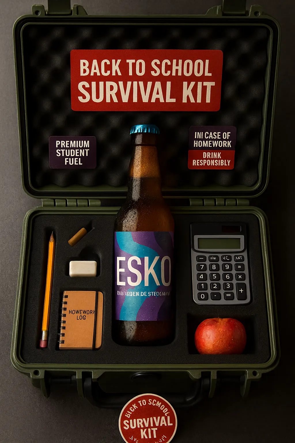 “Olijfgroene koffer met schuimrubber en label ‘Back to School Survival Kit’. Binnenin: ESKO-bierfles, potlood, gom, rekenmachine, klein notaboekje en een rode appel.”